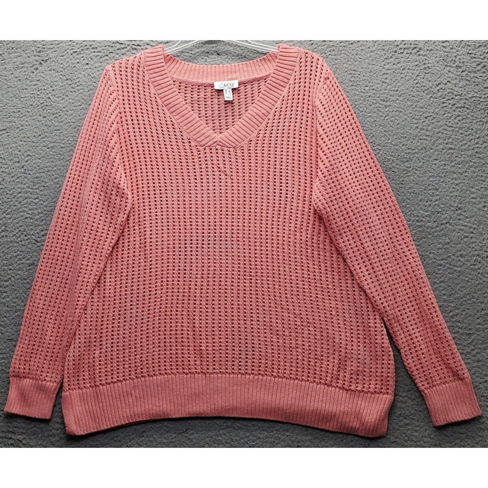 Denim & Co. Soft Sweater Womens Large Pink Open Knit Long Sleeve V-Neck Pullover